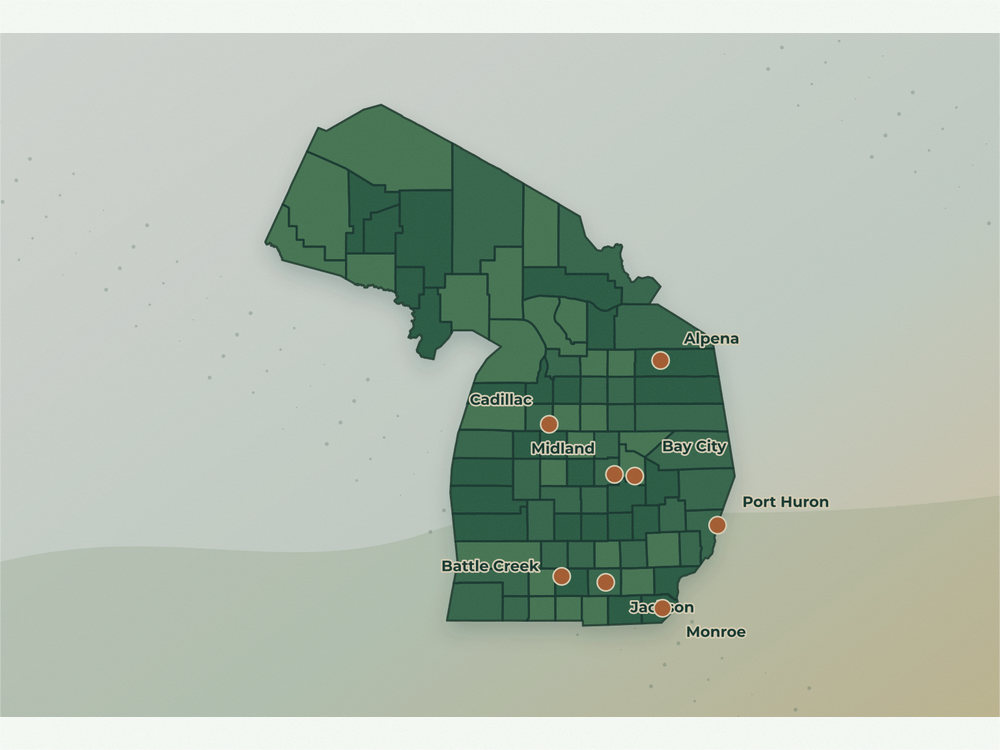 Accurate Michigan land service area map showing key city markers for Battle Creek, Jackson, Port Huron, Monroe, Midland, Bay City, Cadillac, and Alpena
